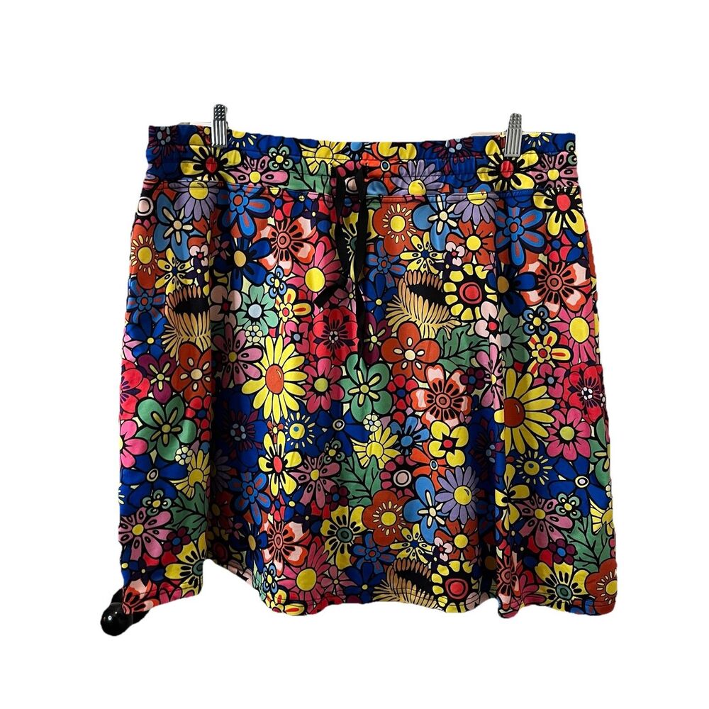 Womens Floral Multicolor Hippie Groovy Skort Skirt Pull On Drawstring Size 4XL